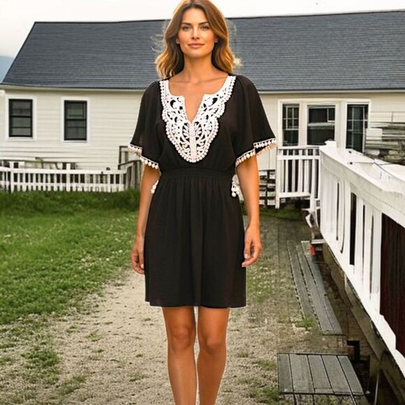 Y2K Bohemian Dress M Jersey Knit Flowy Woodland Fairy Crochet Dolman Sleeves - Picture 16 of 16